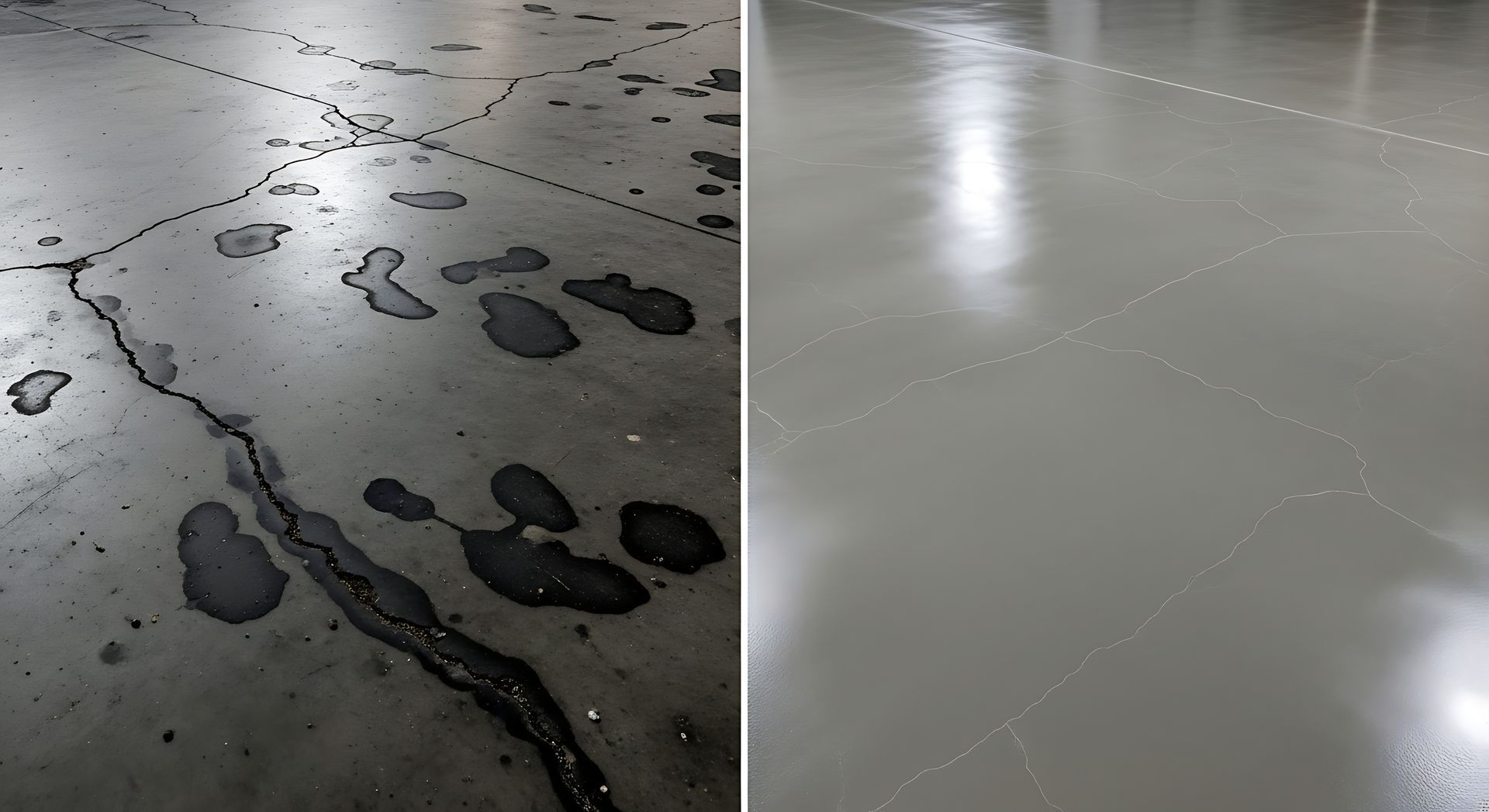 Split view of a concrete floor: cracked, wet patches on the left and a smooth gray surface on the right. Split view of a concrete floor: cracked, wet patches on the left and a smooth gray surface on the right.