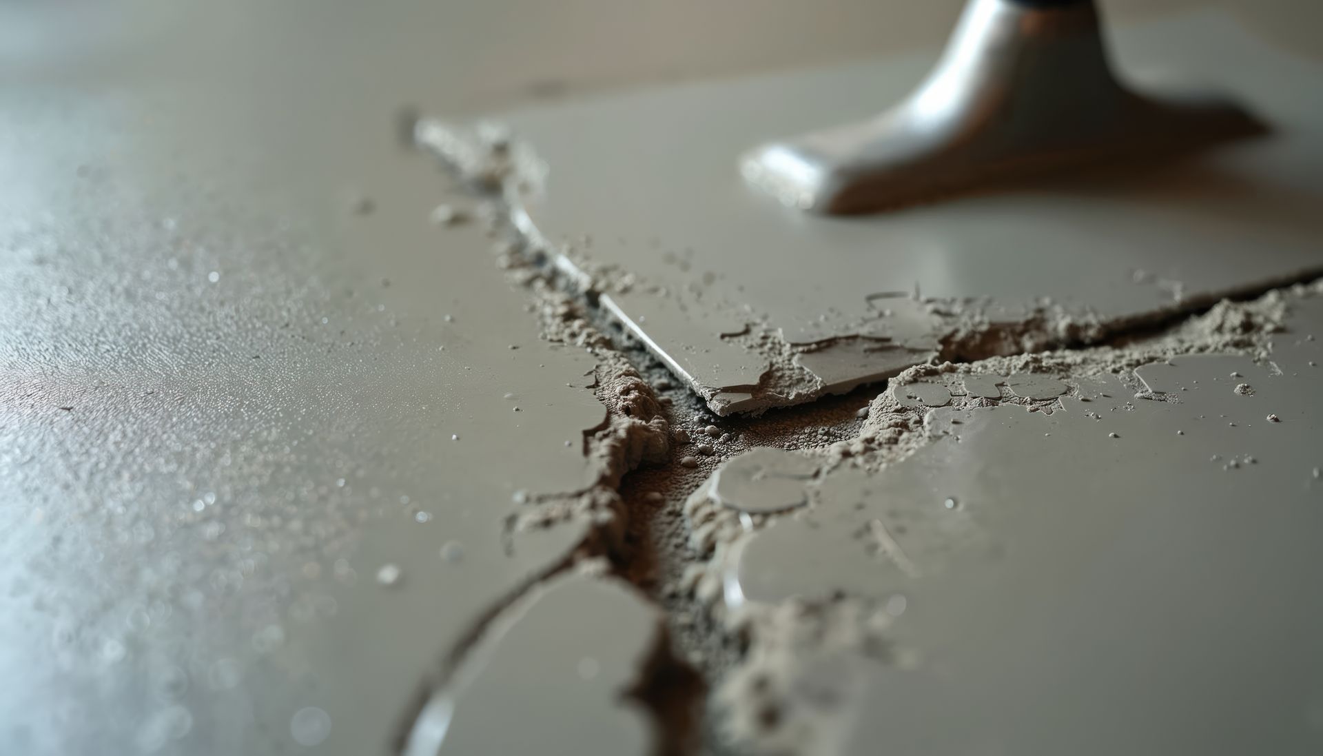 Close-up of a cracked concrete floor with a small metal foot or leg above it Close-up of a cracked concrete floor with a small metal foot or leg above it