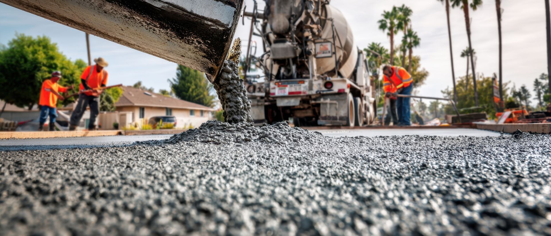 Road paving crew laying fresh asphalt on a street, with a paving machine and workers in orange vests Road paving crew laying fresh asphalt on a street, with a paving machine and workers in orange vests