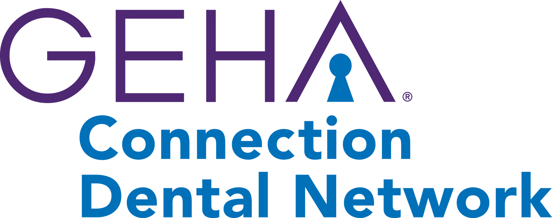 GEHA Connection Dental Network logo. Purple and blue text and key icon.