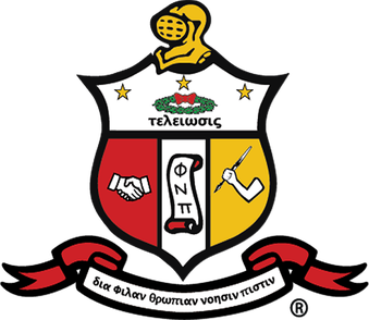 Shield emblem of Phi Kappa Psi fraternity with red, gold, and white elements, motto in Greek, and knight's helmet.