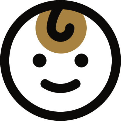 Smiling baby face with brown hair, in a black circle.