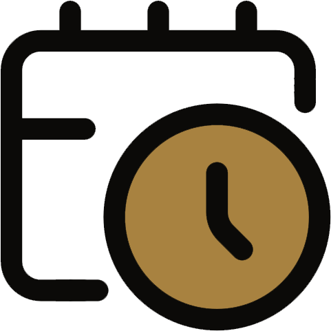 Calendar icon with clock; brown and black.