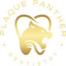Gold logo: panther head within tooth shape,