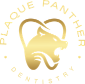 Gold logo for Plaque Panther Dentistry: a panther head inside a tooth-shaped frame, with text circling the design.