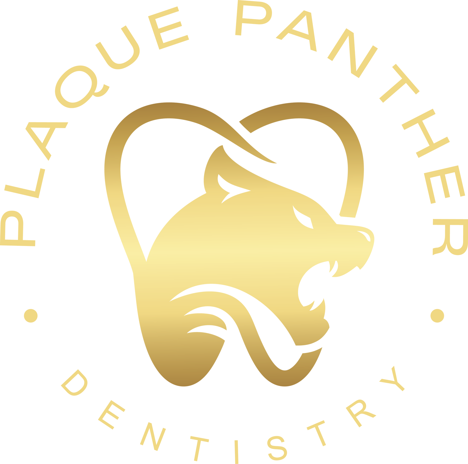 Gold logo: panther head within tooth shape,
