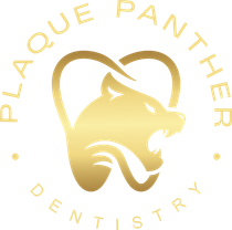 Gold logo: Panther head within a tooth outline;