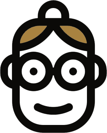 Smiling person with round glasses, brown hair, and a looped topknot.