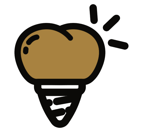 Tooth implant illustration: brown crown with sparkling effect, attached to a screw-shaped root.