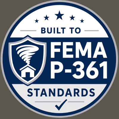 FEMA P-361 standards logo in blue and white with tornado icon and “Built to” text