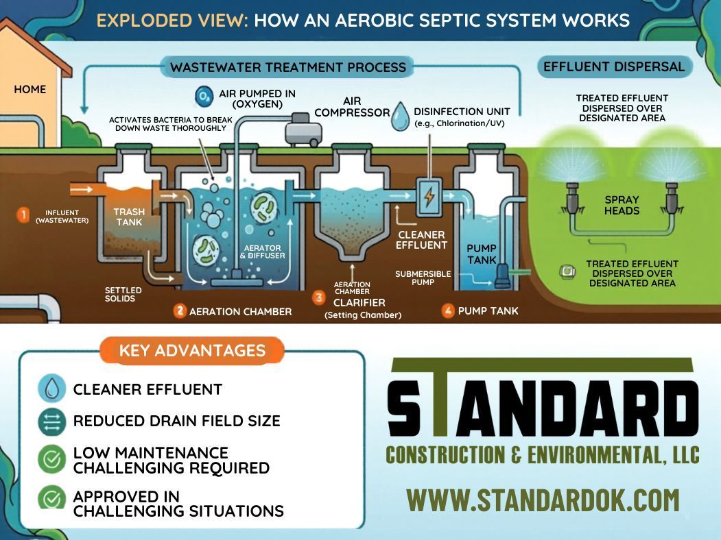 How an Aerobic Septic System Works Exploded diagram of an aerobic septic system with labeled parts, blue-green water flow, and Standard Construction branding