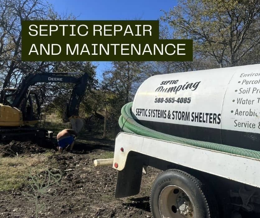 A worker in blue clothing uses a large vacuum hose to pump out an open residential septic tank in a grassy yard.
