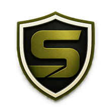 Black shield logo with metallic gold letter S and olive outline