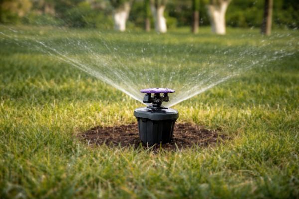 Sprinkler watering a grassy lawn, spraying water in two directions.