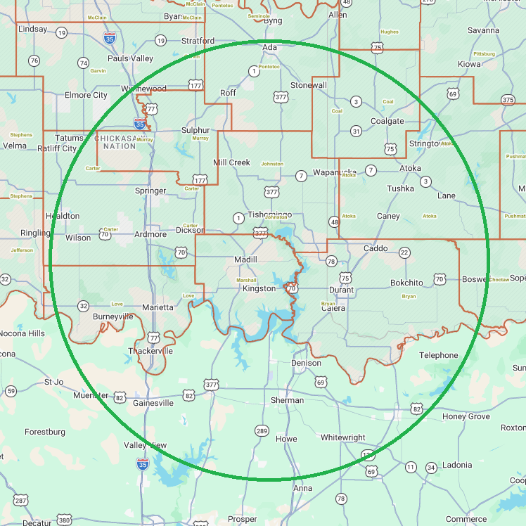 Our 60 miles service area from Kingston, Oklahoma A map showing Oklahoma and Texas border regions with a large green circle encompassing the area around Lake Texoma.