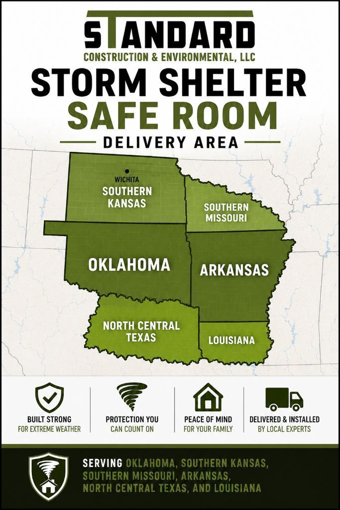 Standard storm shelter safe room delivery area map for Oklahoma, Arkansas, and nearby states