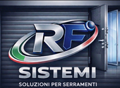Logo RF Sistemi su sfondo blu metallizzato con la scritta “Soluzioni per serramenti”