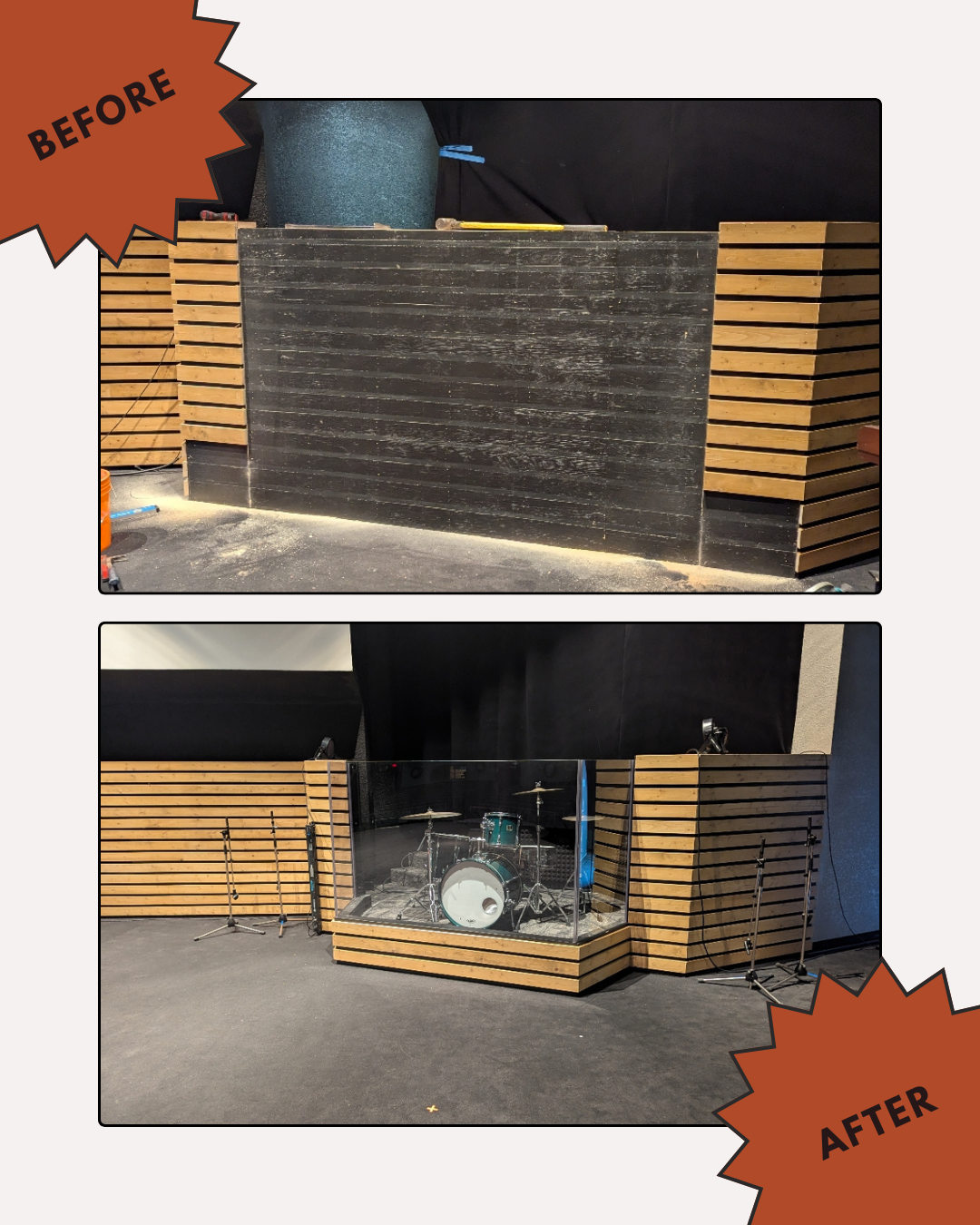 Before-and-after of a small stage area with black panels and stacked wooden benches around a drum set.