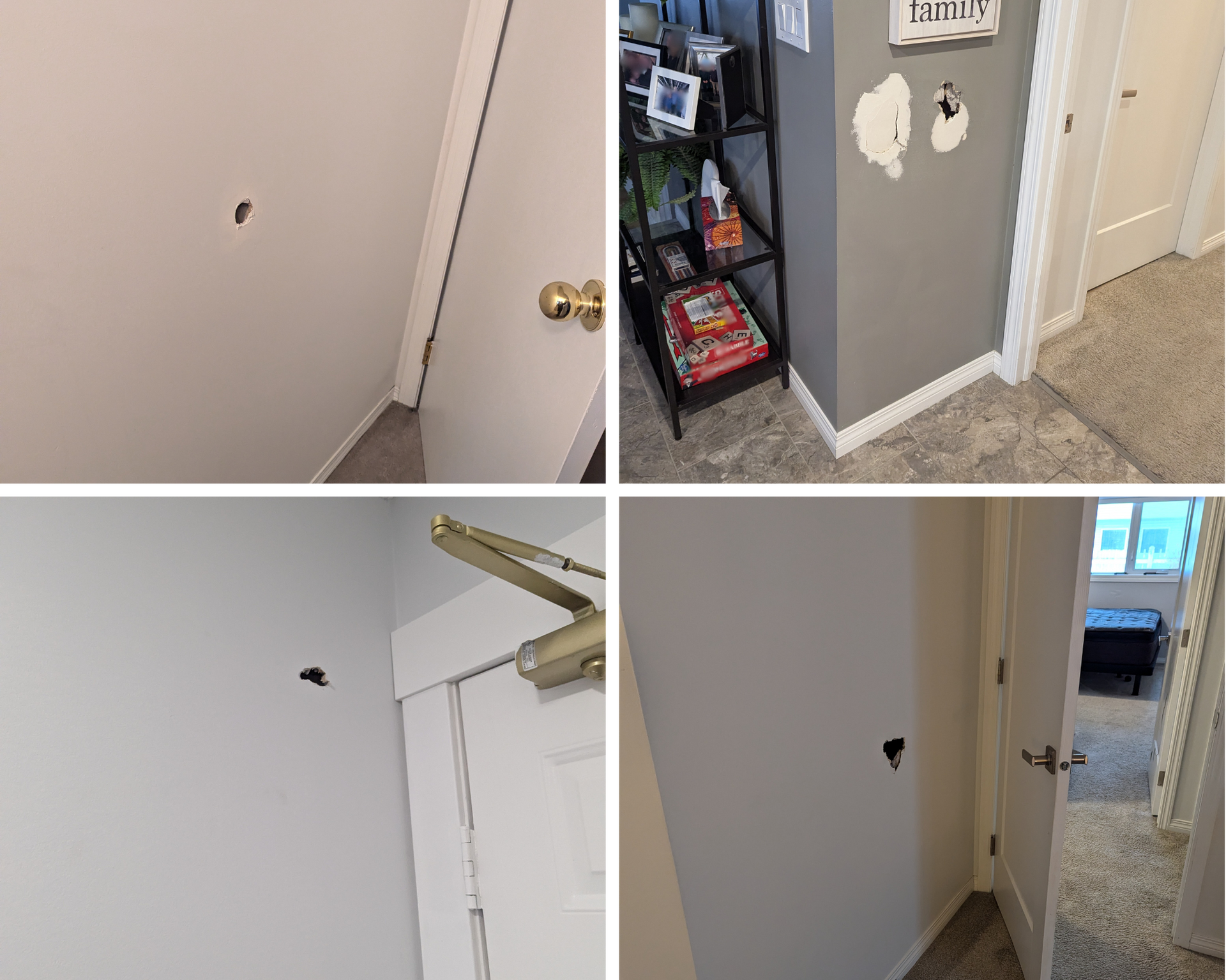 A collage of four pictures of a house with holes in the walls.
