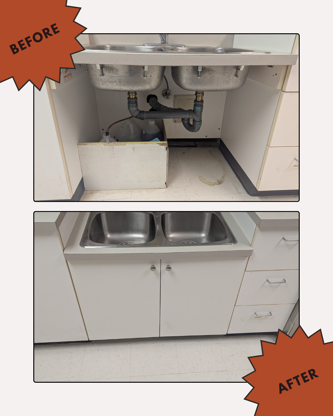 Before and after photos of a kitchen sink area. Top photo: exposed plumbing. Bottom photo: cupboard doors installed.