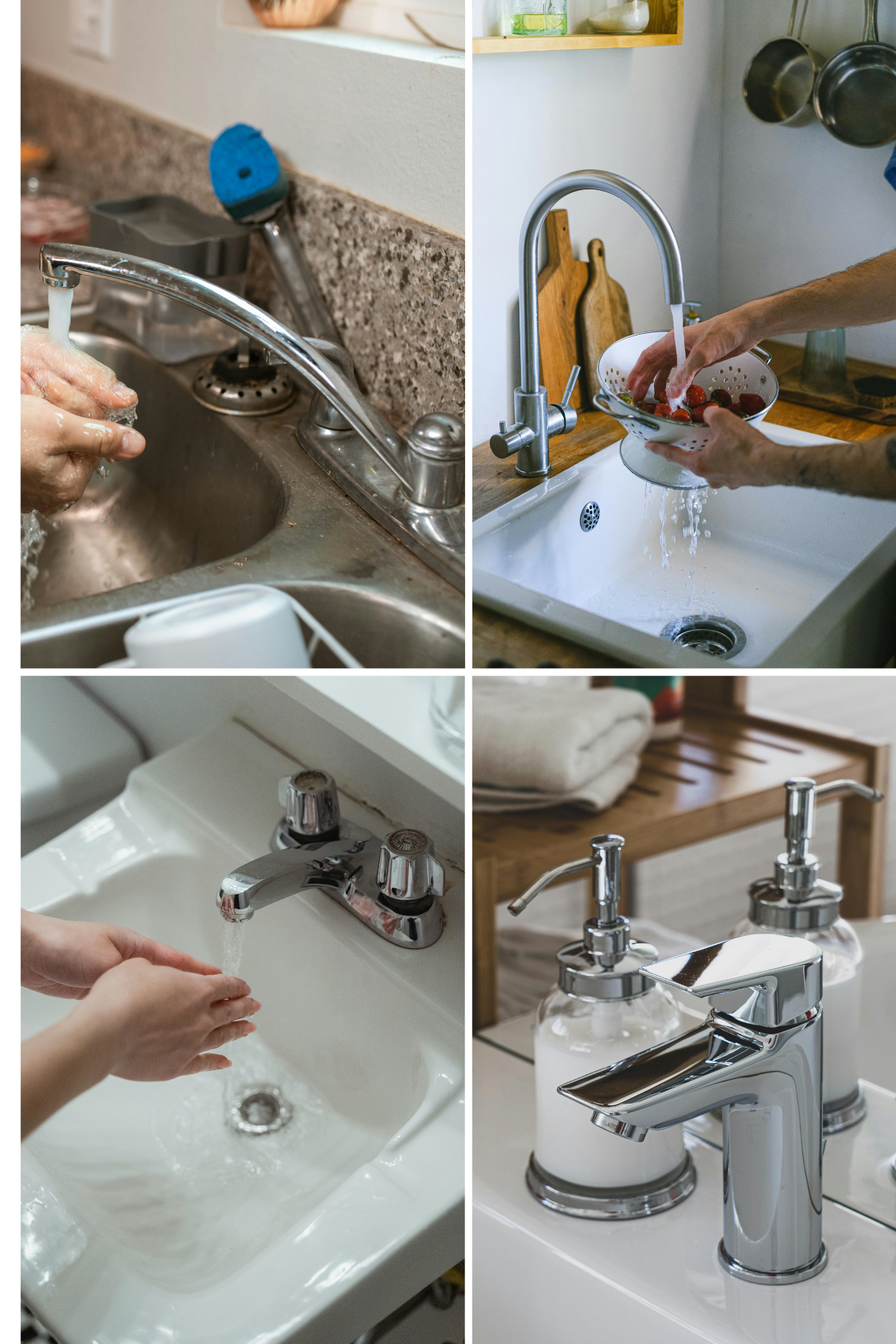 Collage of bathroom sinks and faucets with water running and hands washing under chrome taps