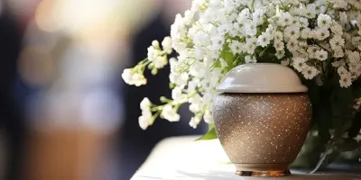 Small brown lidded urn beside white flowers in soft, blurred background light