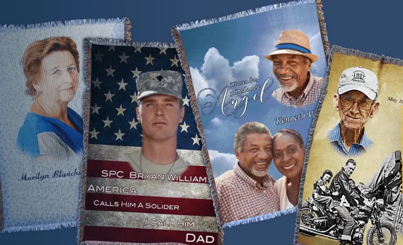 Five stitched photo panels: a woman, a soldier, a smiling couple, and a boy on a motorcycle, with “DAD” text.
