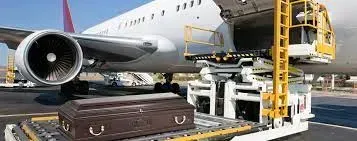 Airplane loading baggage onto a cargo lift at the airport, with a brown suitcase in front