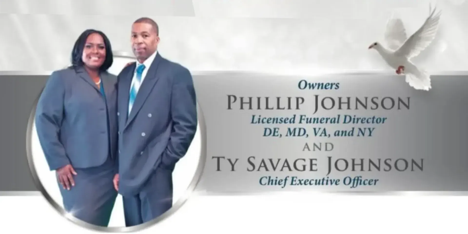 Phillip and Tay Savage Johnson standing in suits beside clinic text and logo