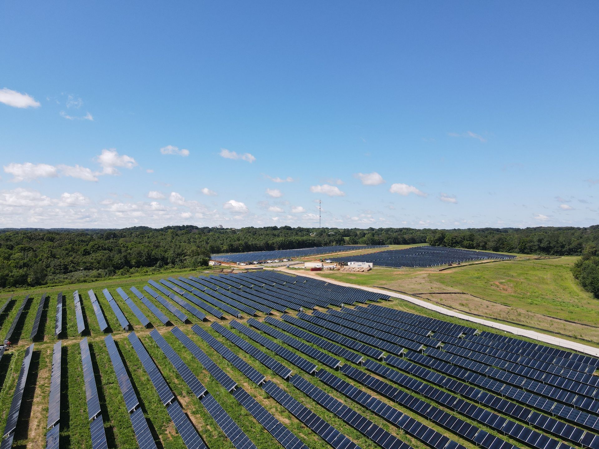 Solar farm with rows of blue panels stretching across a grassy landscape under a clear sky