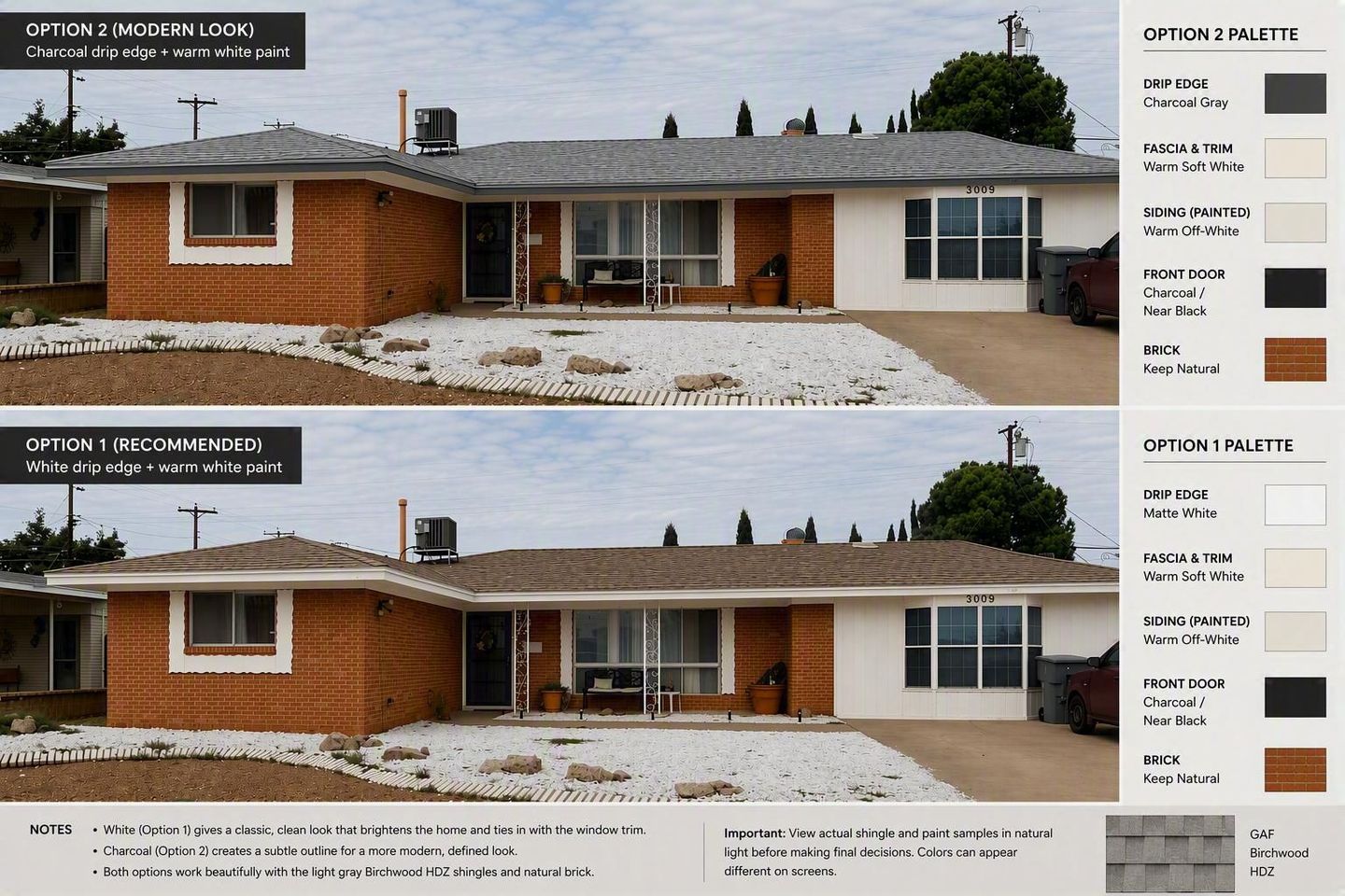 Before-and-after exterior of a brick ranch house with new roof, windows, and white siding trim