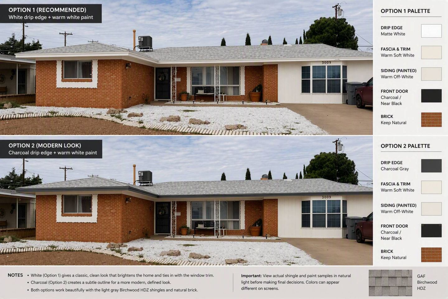 Before-and-after exterior of a brick ranch house with new roof, windows, and white siding trim