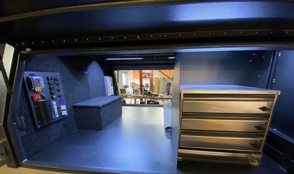 The Inside of A Truck Canopy with Drawers and A Bench — Evolution Solar Kingaroy in Kingaroy, QLD