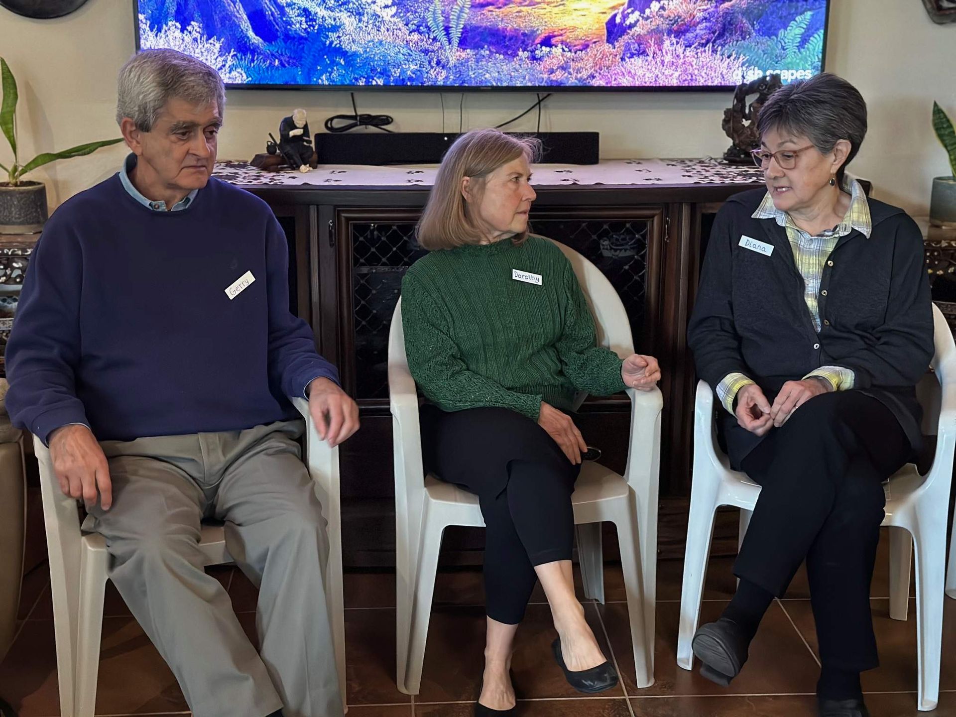 Three people seated, interacting. A woman in a green sweater and two others wearing name tags in a room with a TV.