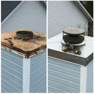 Before and after photos of a chimney. Old, rusty cap replaced with a shiny new one.