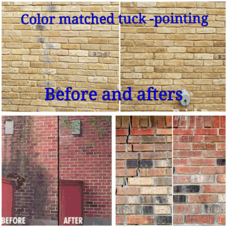 Before and after photos showing brick wall repair. Color matched tuck-pointing removes discoloration, cracks, and damage.