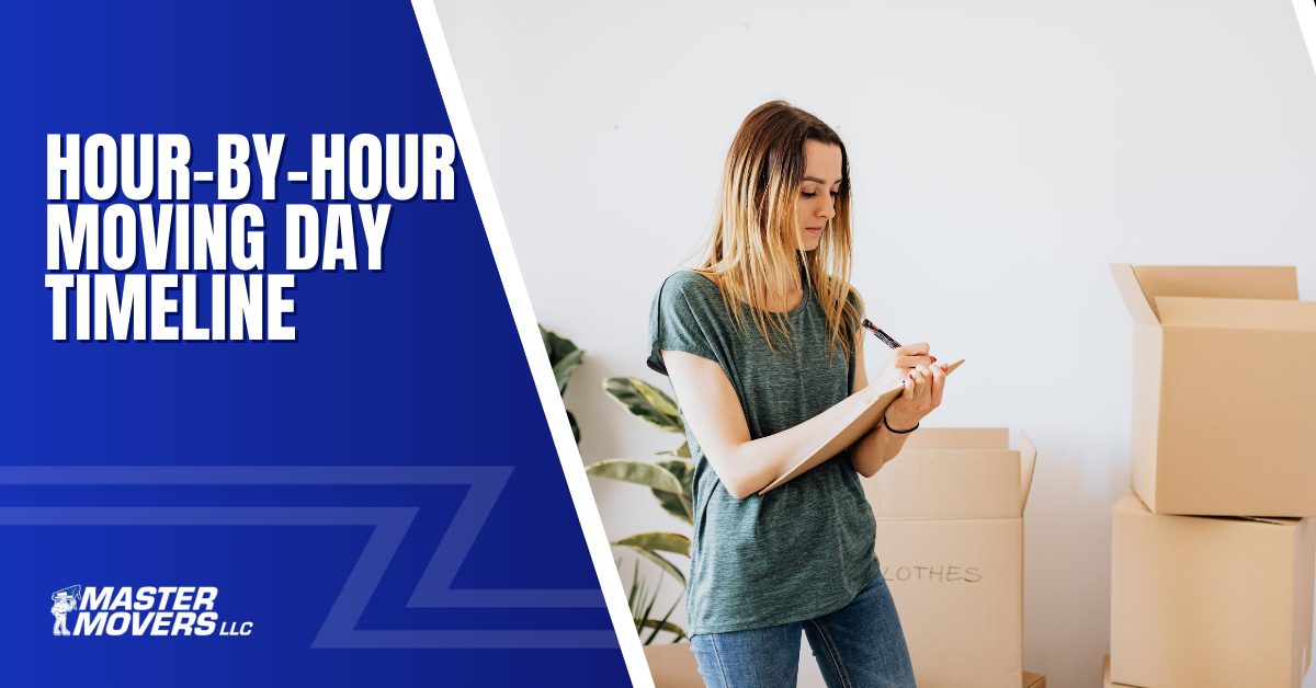 Woman writing near moving boxes; text overlay: 