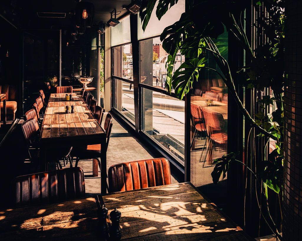 Restaurantinteriør: langt bord, utsikt fra vindu, stor plante, sollys, brune skinnbåser og dempet belysning.