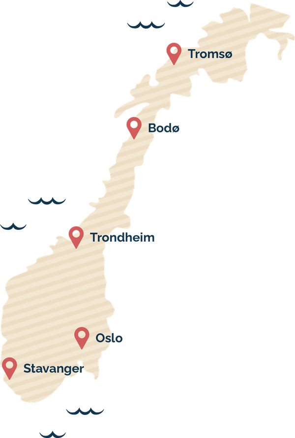 Kart over Norge, som viser byene Oslo, Bodø og Tromsø.