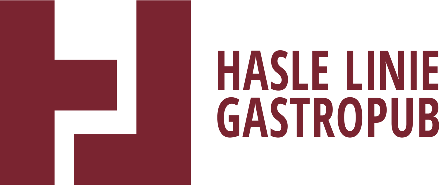 En rød logo for hasle line gastropub med en hvit h på hvit bakgrunn