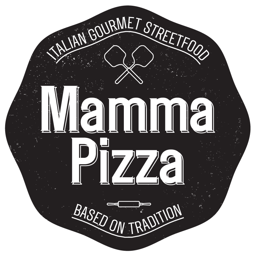 Logoen til mamma pizza er svart og hvit og sier italiensk gourmet gatemat basert på tradisjon.