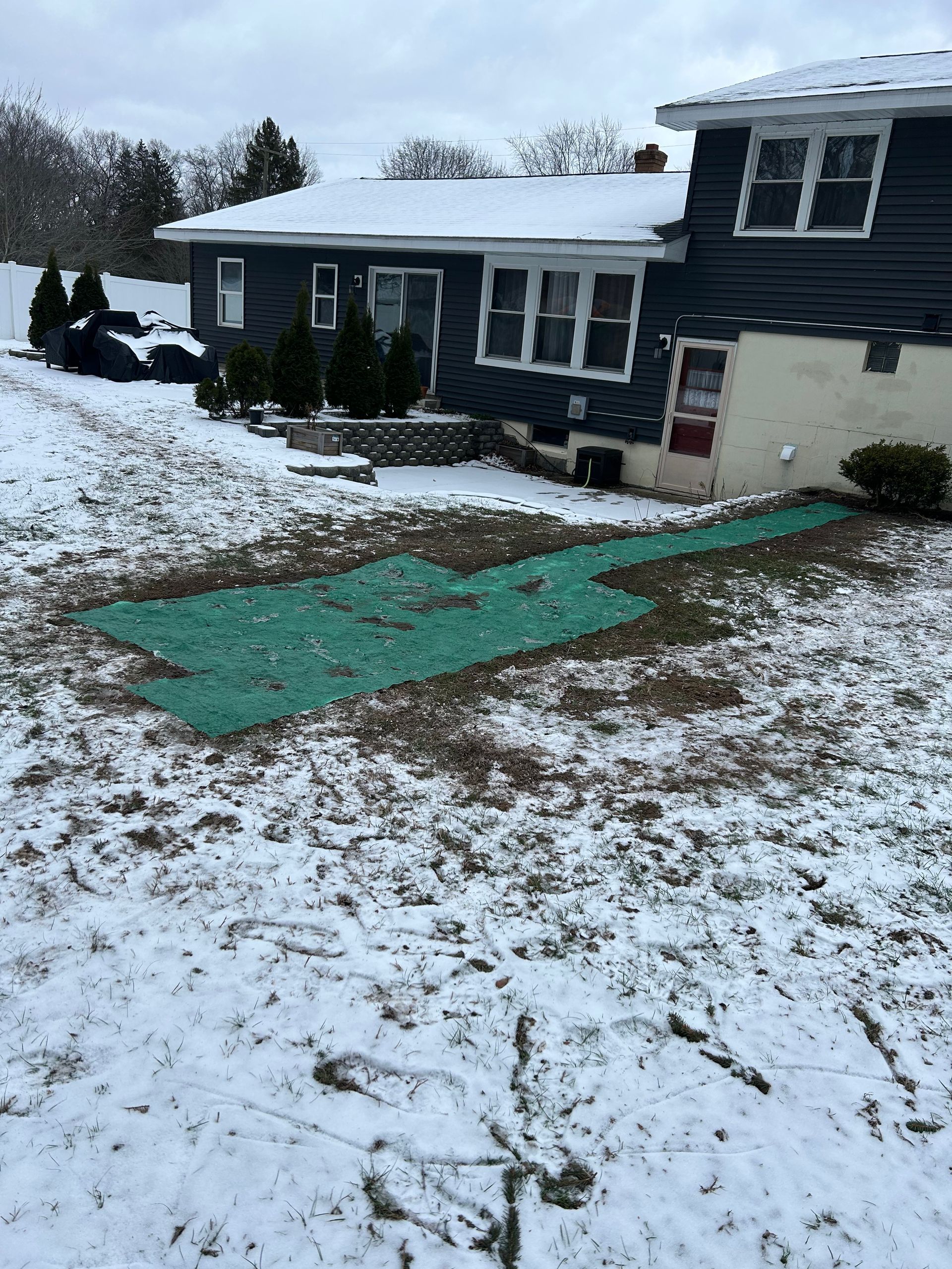 A house is covered in snow and there is a green path leading to it.