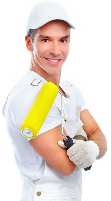 A man in a white shirt is holding a yellow paint roller.