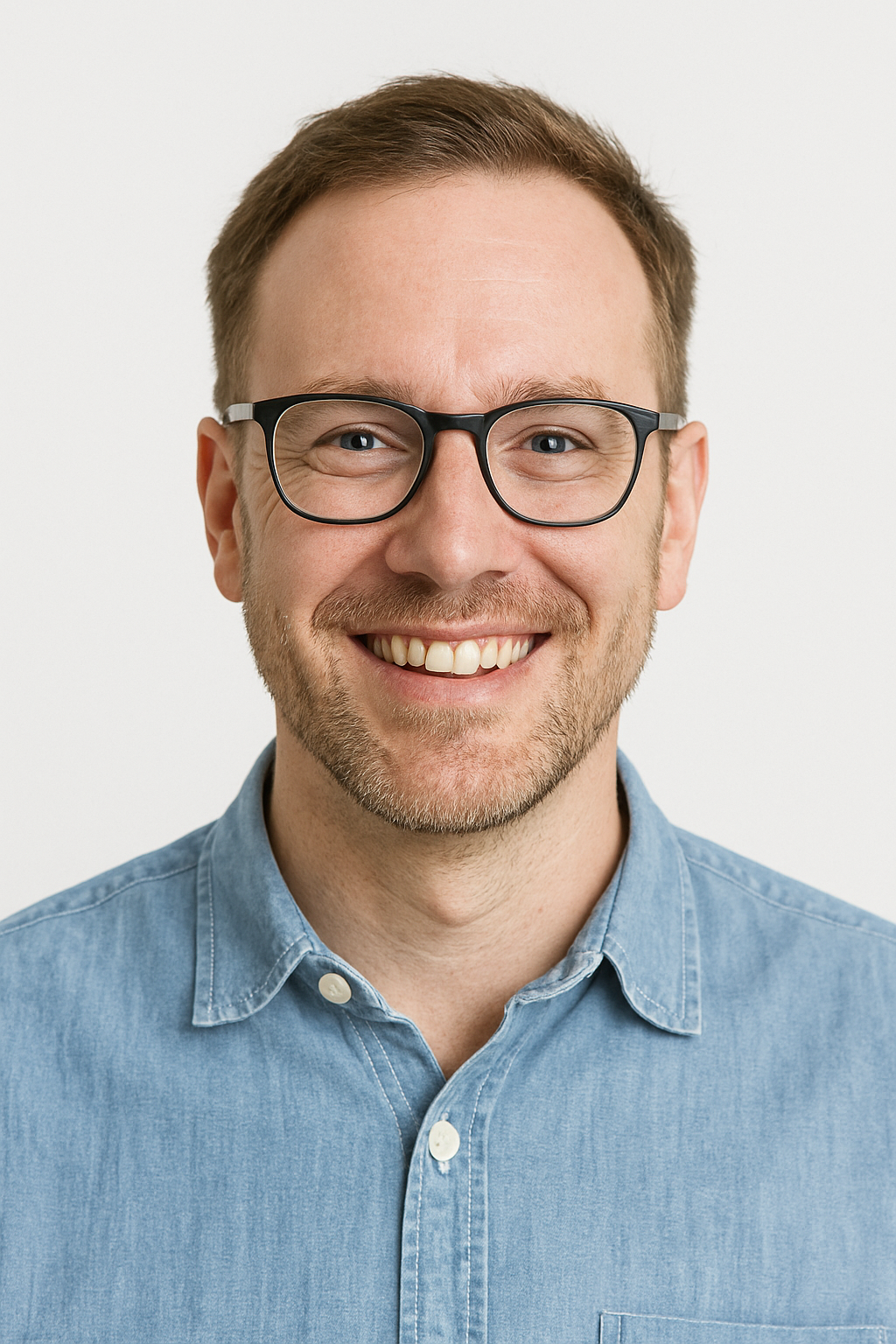 A man wearing glasses and a blue shirt is smiling for the camera.