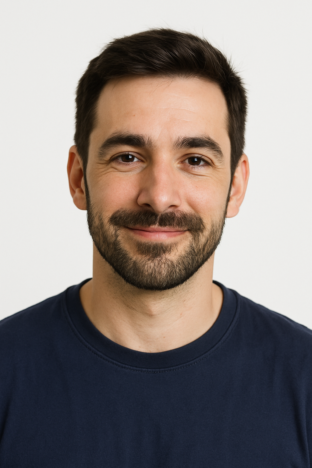 A man with a beard is smiling for the camera while wearing a blue shirt.