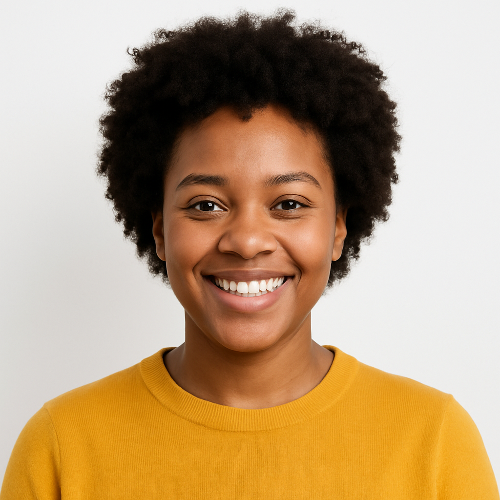 The woman is wearing a yellow sweater and smiling for the camera.