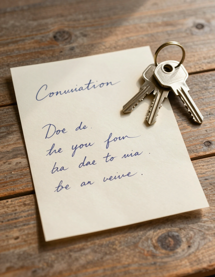 Handwritten confirmation note and house keys on a wooden table