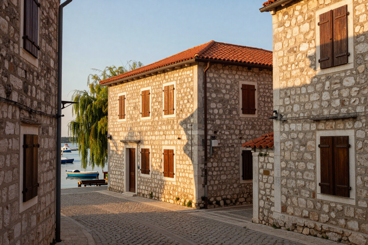 Narrow Vrboska street with stone houses and canal-side harbor glimpse