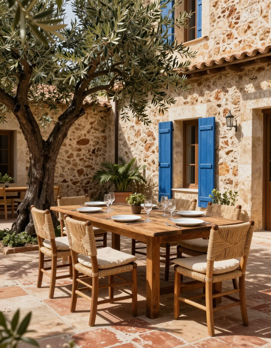 Courtyard dining area shaded by an olive tree