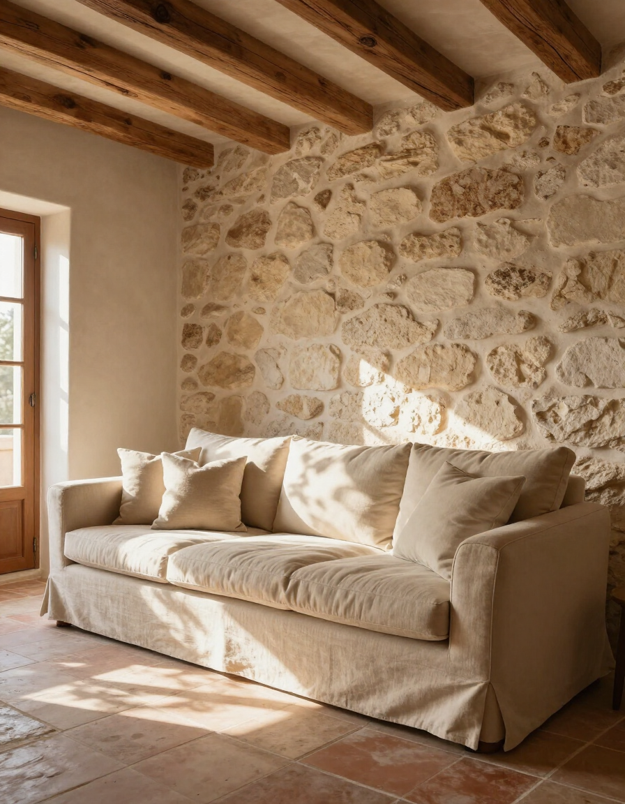 Stone-walled living space with linen sofa and afternoon light
